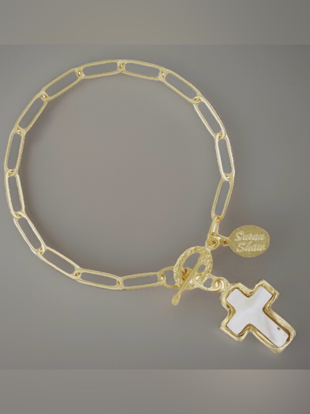 Susan Shaw Mother Of Pearl Cross on Paper Clip Chain Bracelet 24k Gold Plated